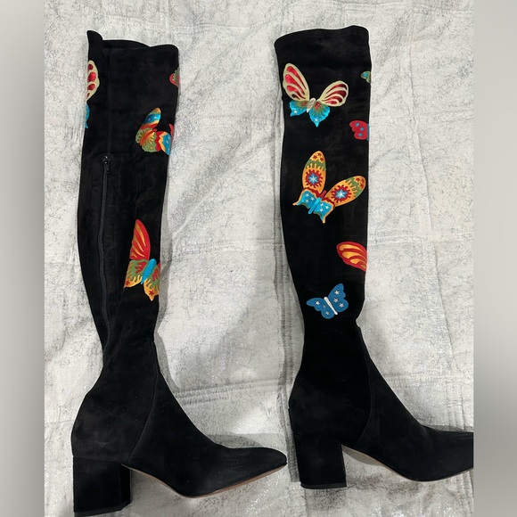 Valentino Black Suede W/Metallic Appliquéd Butterfly Boots IT37.5 - Picture 8 of 10